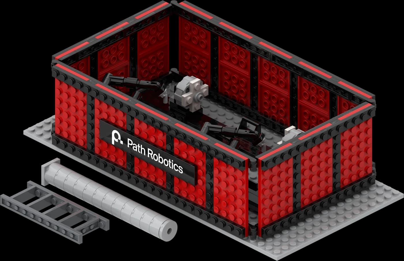 Path Robotics Lego welding cell set with red safety walls, robotic arms, and interchangeable parts