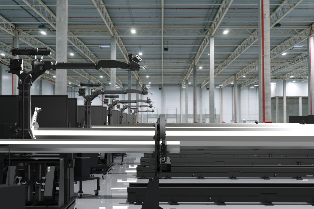 A rendering of an AW-3 robot in a large warehouse